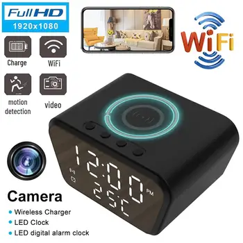 1080p Full WiFi Мини-камера Часы Ночного видения с функцией обнаружения движения Камера Видеокамера Беспроводная зарядка Будильник Cam