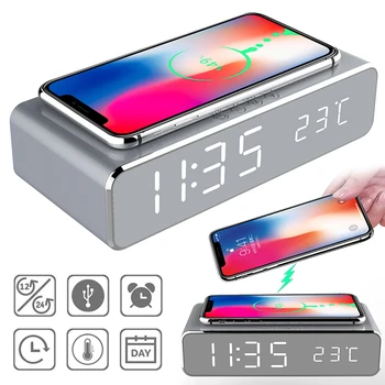 2022 Беспроводное Быстрое зарядное устройство СВЕТОДИОДНЫЙ Будильник Беспроводное зарядное устройство для телефона Зарядная площадка Термометр Для Xiaomi iPhone 11 Pro XS Max X
