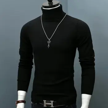 2022 Корейский Тонкий Однотонный свитер с высоким Воротом, Мужской Зимний Теплый Вязаный свитер с длинным рукавом, Классическая однотонная повседневная нижняя рубашка