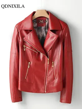 2023 Демисезонный Для женщин Куртка Из Искусственной Кожи Мото Байкер На Молнии Асимметричный Красный Искусственная Кожа Для Женщин Пальто Oversize Зима