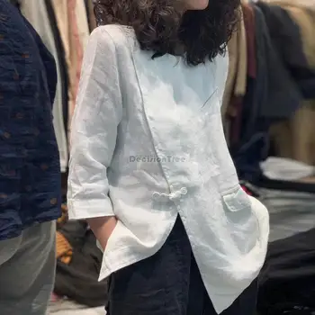 2023 китайская рубашка в этническом стиле из хлопка и льна в стиле ретро, повседневная весенне-летняя свободная женская блузка ципао на пуговицах, топ g416