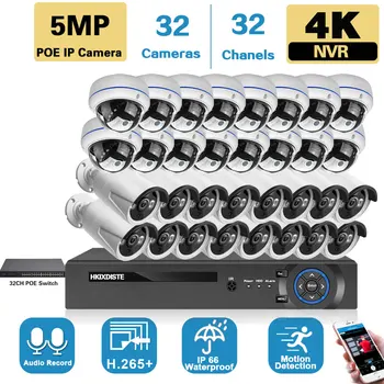 32-Канальная камера видеонаблюдения Комплект системы безопасности 4K POE NVR Система безопасности Наружная 5-мегапиксельная Металлическая IP-камера видеонаблюдения Комплект системы 32 канала