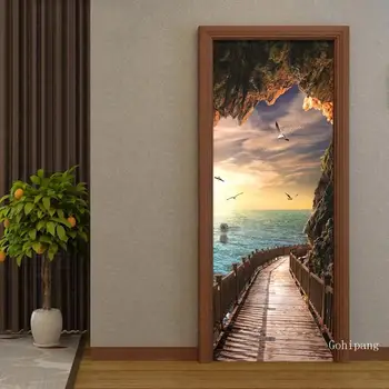 3D Наклейка на дверь с приморским пейзажем, ПВХ Самоклеящиеся водонепроницаемые настенные обои, Современные креативные наклейки 