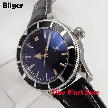 Bliger 46 мм Автоматические мужские наручные часы, черный стерильный циферблат, отображение даты, алюминиевый черный безель, кожаный ремешок, застежка для развертывания, часы