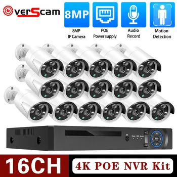 H.265 16CH 8MP 4K POE NVR Система Видеонаблюдения 16 Портов 8-мегапиксельная Камера Наружный Водонепроницаемый Аудио Микрофон Камера Комплект Видеонаблюдения CCTV