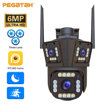 IP-камера PEGATAH 6MP с тремя объективами, PTZ-камера ночного видения, PTZ-камера безопасности, Беспроводные камеры видеонаблюдения