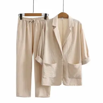 L-5XL, комплект из 2 предметов из хлопка и льна, Дышащий Кардиган с длинными рукавами, Летний Новый Модный Повседневный женский костюм, Топ + брюки для женщин