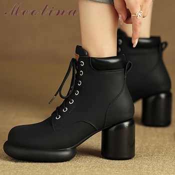 Meotina/ Женские ботильоны из натуральной кожи на платформе с круглым носком и высоком каблуке на шнуровке, Модные женские короткие ботинки, Осенне-зимняя обувь