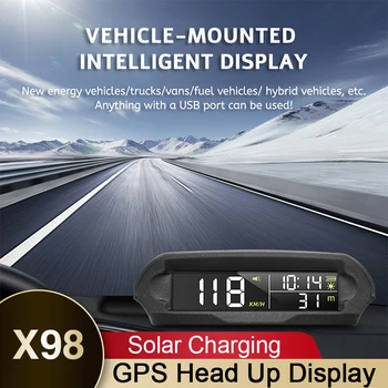X98 HUD Head Up дисплей, GPS автомобиль, беспроводная солнечная зарядка, цифровой спидометр, сигнализация скорости, напоминание об усталости при вождении, цифровой измеритель