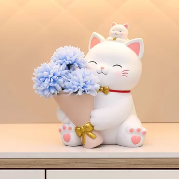 Zhaocai cat, держащий цветочные украшения, легкая роскошная цветочная композиция из смолы, украшение рабочего стола для офиса, подарок на новоселье