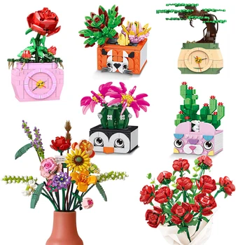 Букет DIY строительные блоки Романтическая роза бонсай кактус цветочное растение 3D модель кирпичи детская развивающая игрушка подарок для девочки