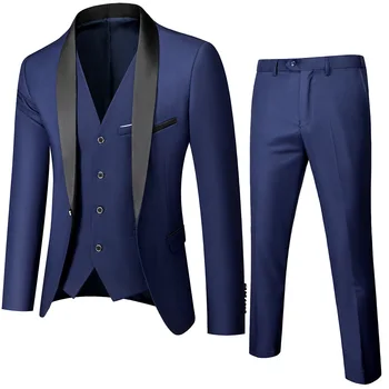 Высокое качество (блейзер + жилет + Брюки), Мужской простой деловой Элегантный модный костюм для собеседования, джентльменский костюм, приталенный костюм из 3 предметов