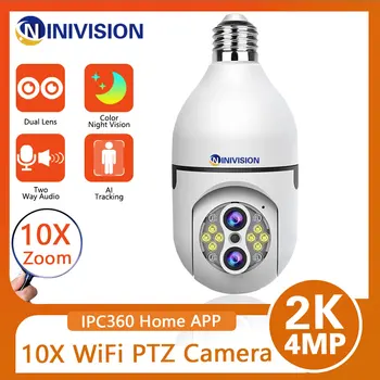 Двойной Объектив 4MP E27 WIFI лампа Камера Для помещений с 10-Кратным Оптическим Зумом CCTV Автоматическое Отслеживание Видеонаблюдения Умный Дом 360 PTZ IP-Камера