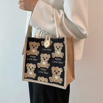 Женская сумка через плечо с милым рисунком медведя, холщовая льняная сумочка, мини-сумка для студенток, сумка для переноски, повседневная сумка для ланча, сумка подмышками