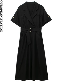 Женское платье-рубашка с пайетками 2023, модное платье-рубашка миди с поясом, винтажные женские платья с короткими рукавами и пуговицами, vestidos mujer
