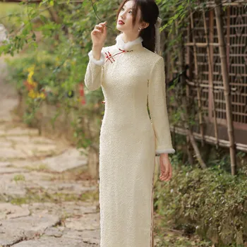 Зимнее Композитное Кружевное Длинное Утолщенное вечернее платье Cheongsam Young в современном китайском традиционном стиле Ципао для женщин и девочек