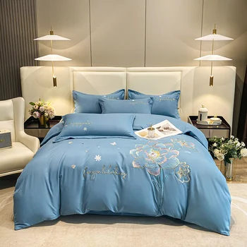 Комплект постельного белья с традиционной китайской вышивкой и цветочным узором, Пуховое одеяло, простыня и наволочка, синий 4 шт.