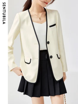 Куртки с контрастной текстурой Sentubila для женщин 2023, Весна-осень, Шикарная и элегантная Женская куртка абрикосового цвета с длинным рукавом, пальто