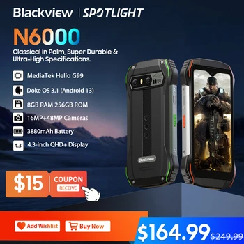 [Мировая премьера] Blackview N6000 Прочный компьютер с 4,3-дюймовым дисплеем Android 13, восьмиядерный процессор Helio G99, 16 ГБ 256 ГБ, камеры 48 Мп, NFC