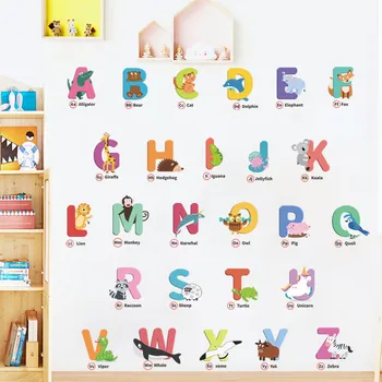 Наклейка на стену с принтом детского алфавита, животный узор из 26 букв, Фоновое украшение стен и благоустройство