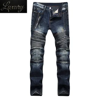 Новые мужские винтажные облегающие прямые байкерские джинсы с плиссированной строчкой на нескольких молниях, мужская уличная одежда в стиле хип-хоп, мотоциклетные джинсовые брюки