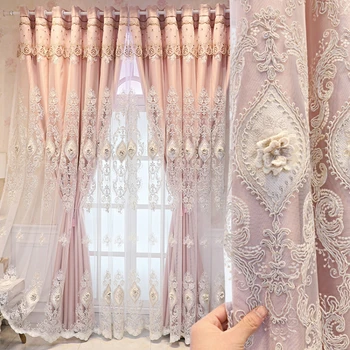 Новые шторы для гостиной, спальни, столовой, Двухслойная занавеска в Европейском стиле, розовая ткань, пряжа, окно с рельефной вышивкой