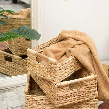 Плетеные корзины для организации ванной комнаты, гиацинтовые, с деревянной ручкой