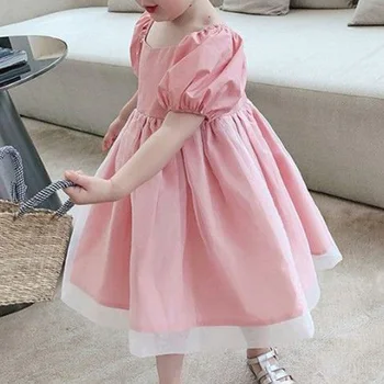 Простое Розовое платье с квадратным воротником, Летняя детская одежда, Короткий рукав, Молния сзади, Плиссированные платья миди Принцессы из сетчатой пряжи