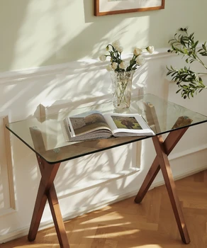 Простой письменный стол из массива дерева в скандинавском стиле для маленькой квартиры, обеденный стол из закаленного стекла с компьютерным столом, французский