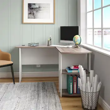 Рабочий стол для компьютерных игр L-образной формы с книжными полками, белый для спальни и гостиной