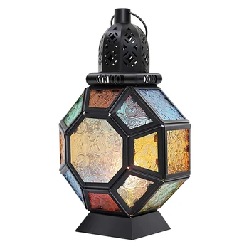 Ретро железный фонарь-свеча, портативный Марокканский подсвечник из витражного стекла, Подвесной светильник, фонарь с лошадиным светом и ветром, Домашний декор