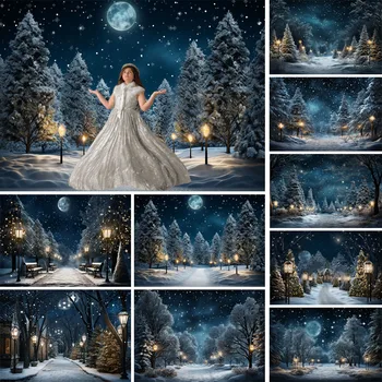 Рождественская елка, фон для фотосъемки в лесу, фон для портрета девочки, ребенка, Зимняя Рождественская страна чудес, Снег, Звездное небо, Луна, фотостудия