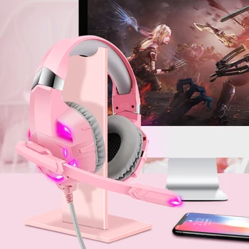 Розовая гарнитура для девочек-геймеров с HD микрофоном и светодиодной подсветкой, накладные наушники для ПК для мобильного телефона/ноутбука/PS4/XBOX, подарок для девочек