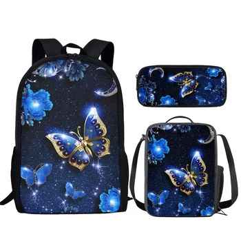 Синий Дизайн Бабочки, набор школьных сумок из 3 предметов для мальчиков и девочек-подростков, школьный рюкзак для студентов, сумка для книг Mochila Infantil
