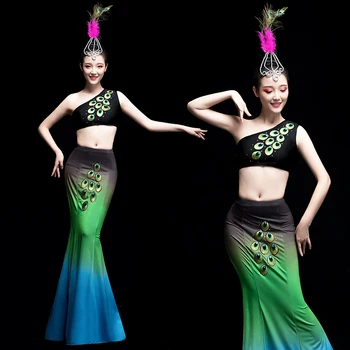 Танцевальный костюм Дай для женщин, костюмы для шоу-девочек в этническом стиле, юбка для танца Павлина с рыбьим хвостом, танцевальные наряды Дай в виде Павлина