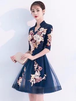 Темно-синие Китайские Кружевные платья с цветочной вышивкой, Элегантное Короткое Свадебное платье Qipao с воротником-стойкой Трапециевидной формы