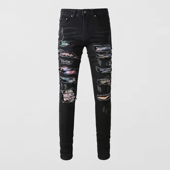Уличная мода, мужские джинсы в стиле ретро, черные, серые, стрейчевые, облегающие, рваные Джинсы с дырками, Мужские дизайнерские брюки в стиле хип-хоп с заплатками
